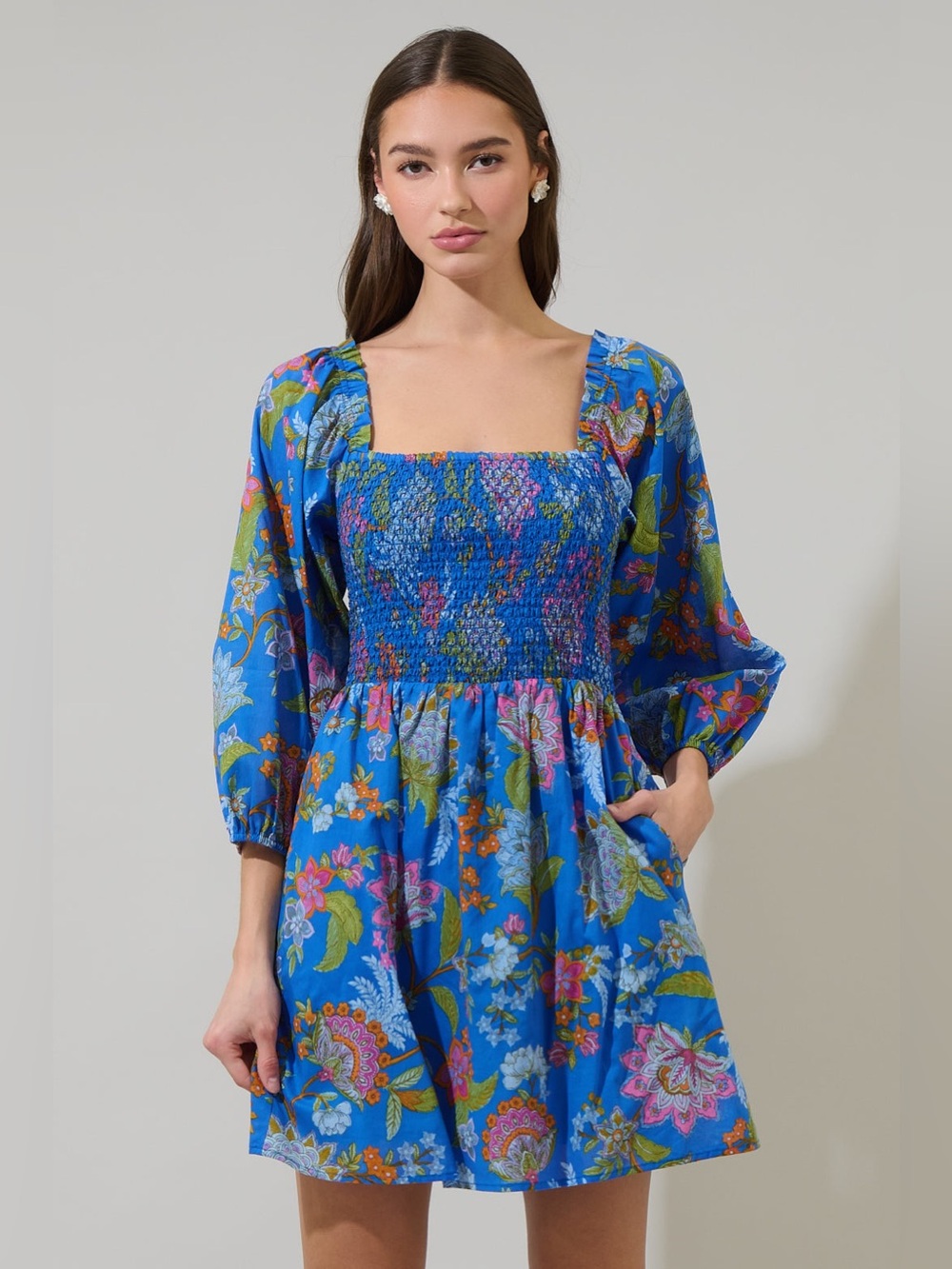 Sugarlips Floral Niko Smocked Mini Dress Cobalt Sunlit Large New With Tags